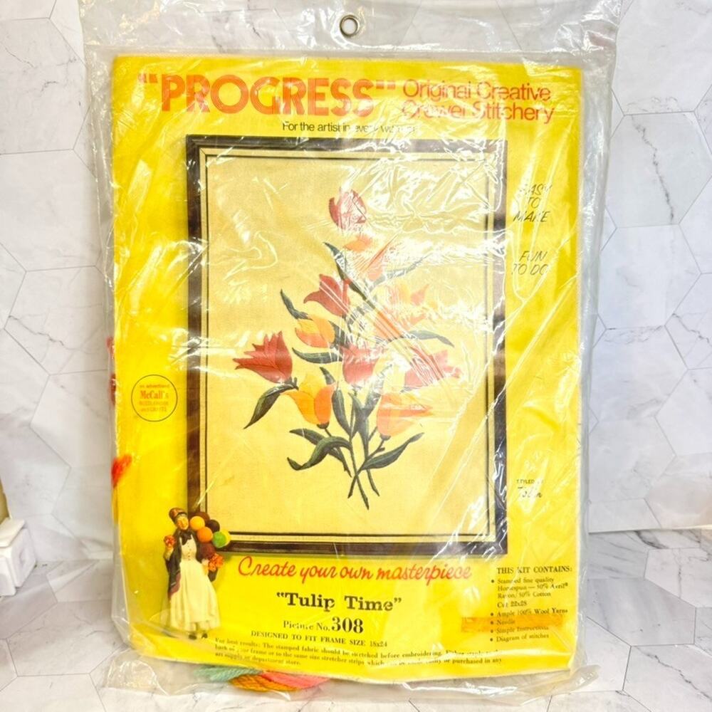 NOS Progress Crewel Stitchery #308 Tulip Time Embroidery Kit by Tobin 18x24"